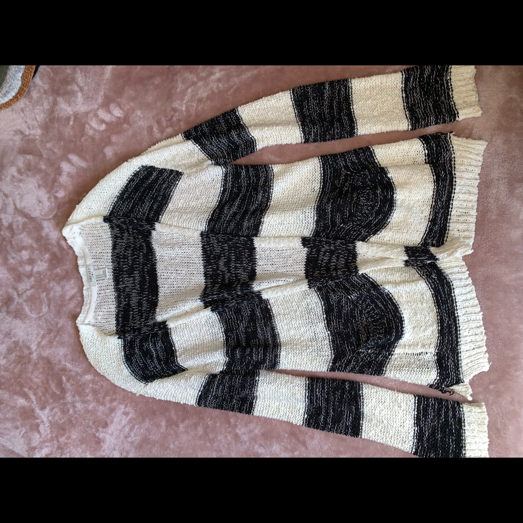 Black And White Striped Cardigan With Pockets